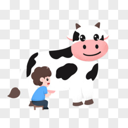 卡通手绘小男孩给奶牛挤奶免抠元素