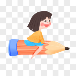 手绘卡通坐铅笔飞翔的女孩免抠素材