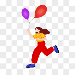 手绘插画风拿着气球跑的女孩免抠元素