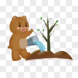 卡通手绘免抠小熊给树浇水元素