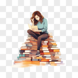女孩子坐在书堆上看书免抠