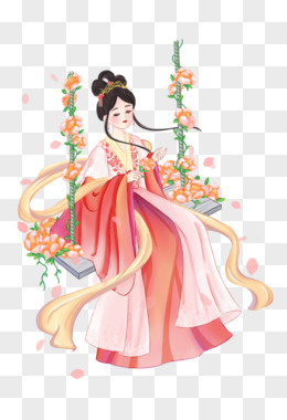 唯美手绘插画风古代女子荡秋千元素