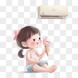 插画风夏天小女孩在室内吃雪糕吹空调免抠元素