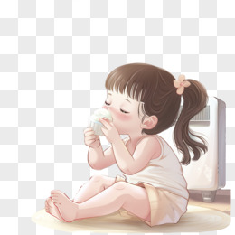 插画风夏天小女孩在室内吃雪糕吹风扇免抠元素
