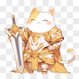 卡通风可爱的猫穿着铠甲拿着剑免抠元素