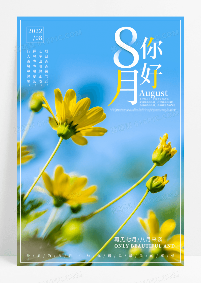 小清新你好8月夏日促销海报