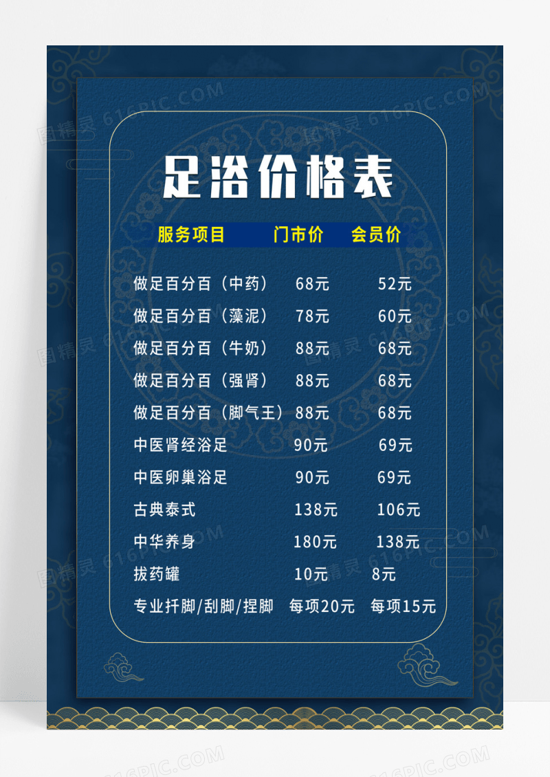 足浴蓝色高端条纹价格表海报