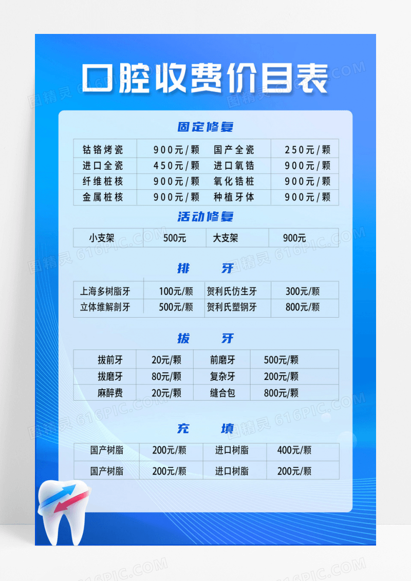 蓝色口腔收费价目表宣传海报口腔价格表