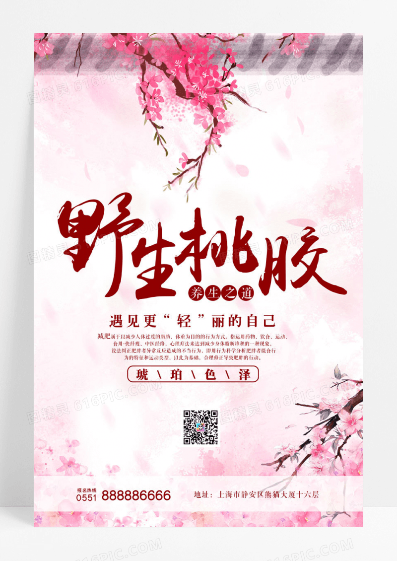 简约粉色中国风传统野生桃胶美容海报