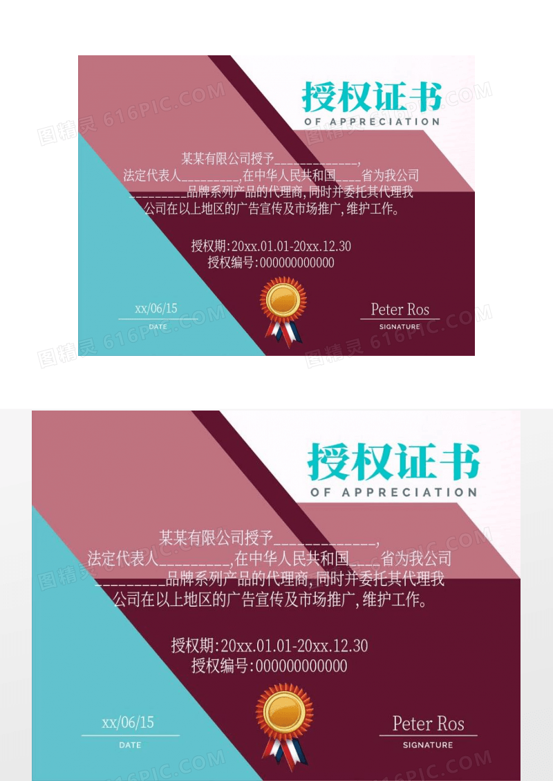 简洁授权证书模板设计下载