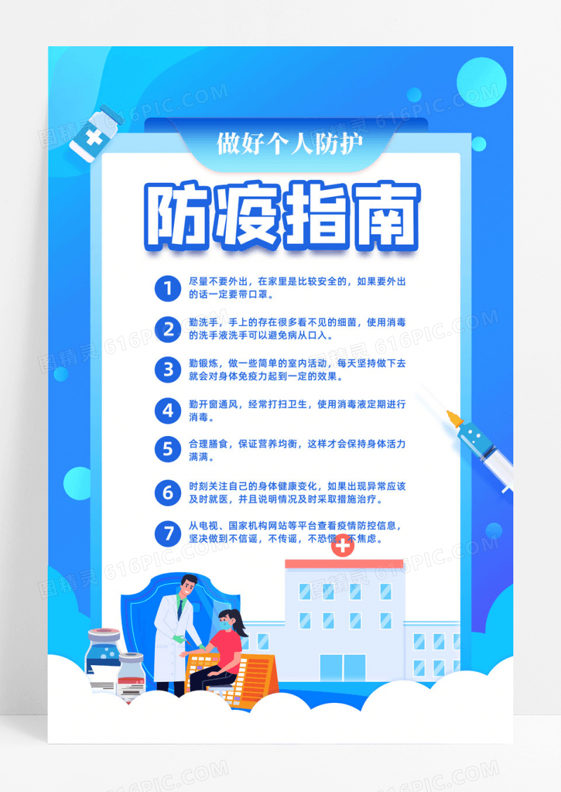 蓝色简约个人防疫指南海报