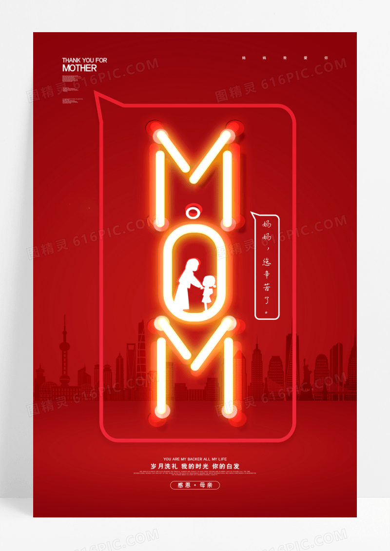 红色创意MOM母亲节宣传海报