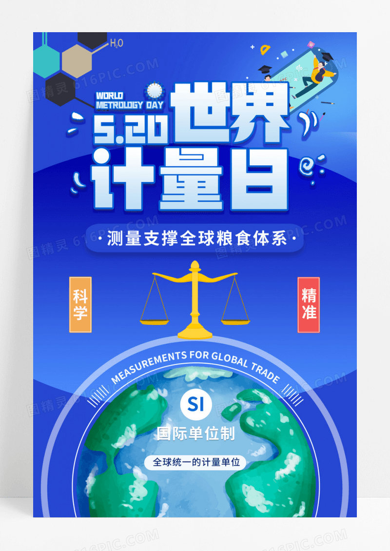 蓝色卡通手绘世界计量日海报