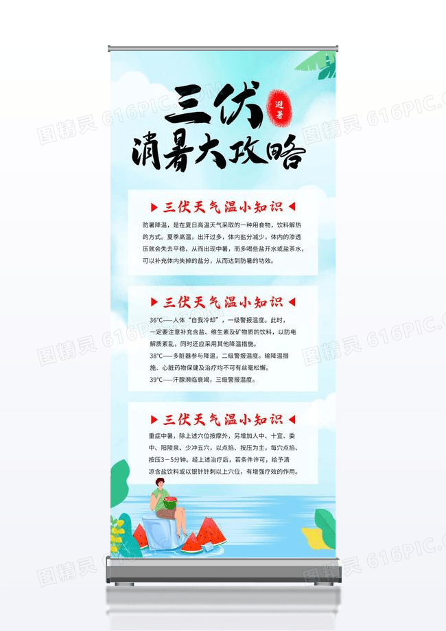 简约绿色卡通荷叶西瓜三伏天防暑展架