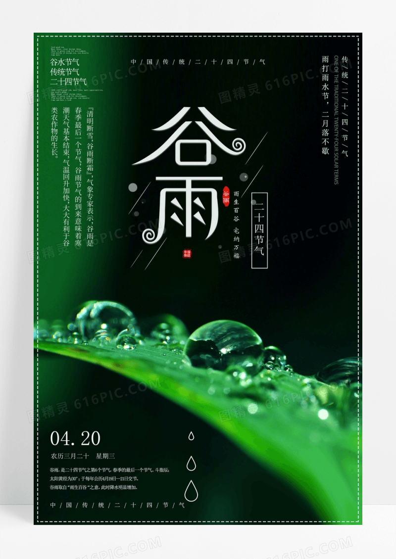 唯美的谷雨节气植物露水雨水二十四节气海报设计