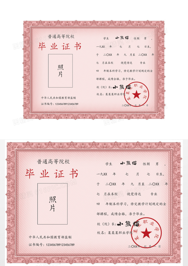简洁花边普通高校毕业证书