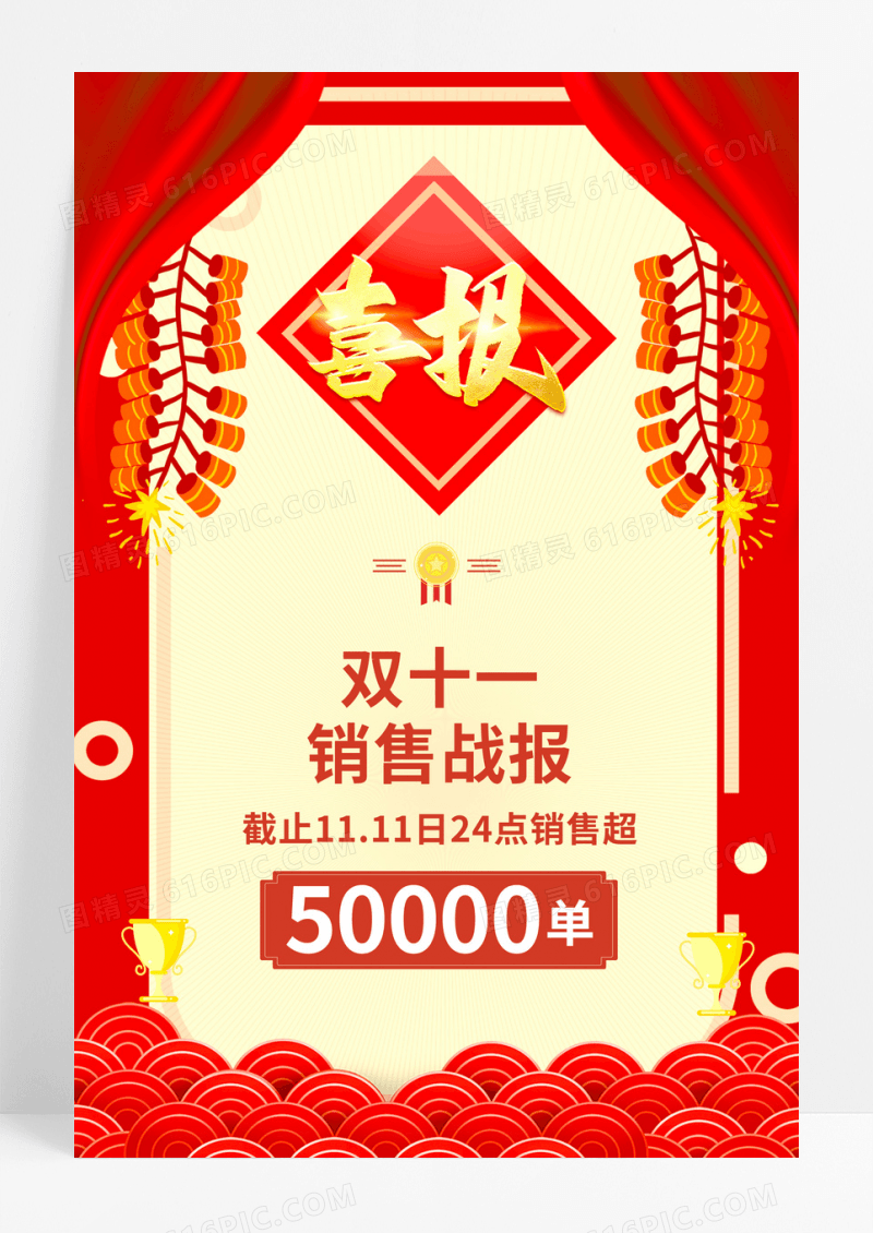 红色喜报双十一销售战况海报