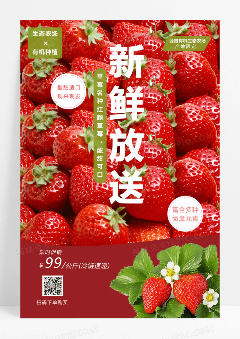   新鲜放送草莓采摘海报设计模板生鲜水果草莓