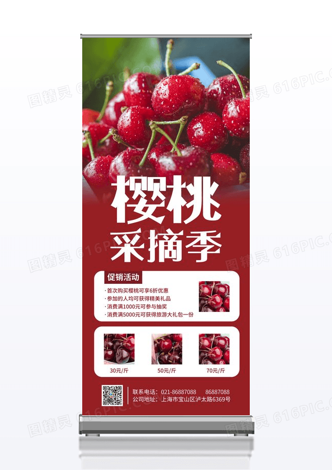 红色大气水果采摘樱桃易拉宝