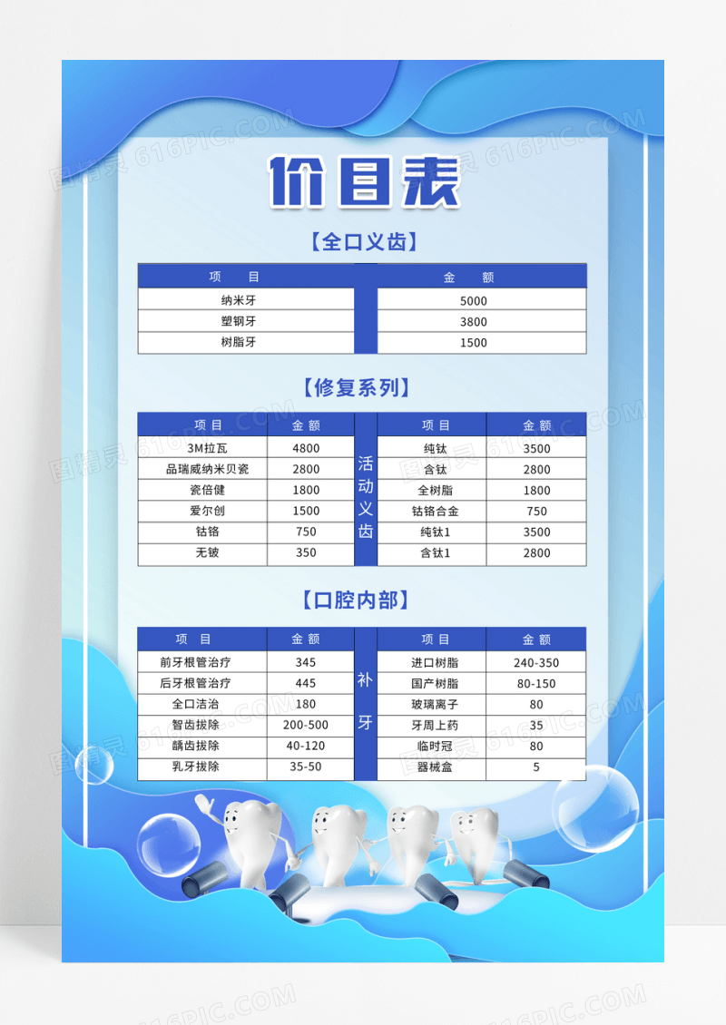 蓝色简洁口腔医院价目表口腔价格表宣传海报