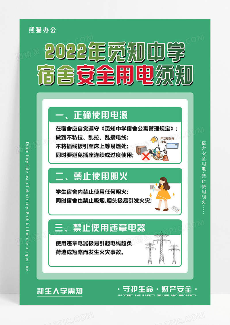 绿色卡通宿舍安全用电须知海报