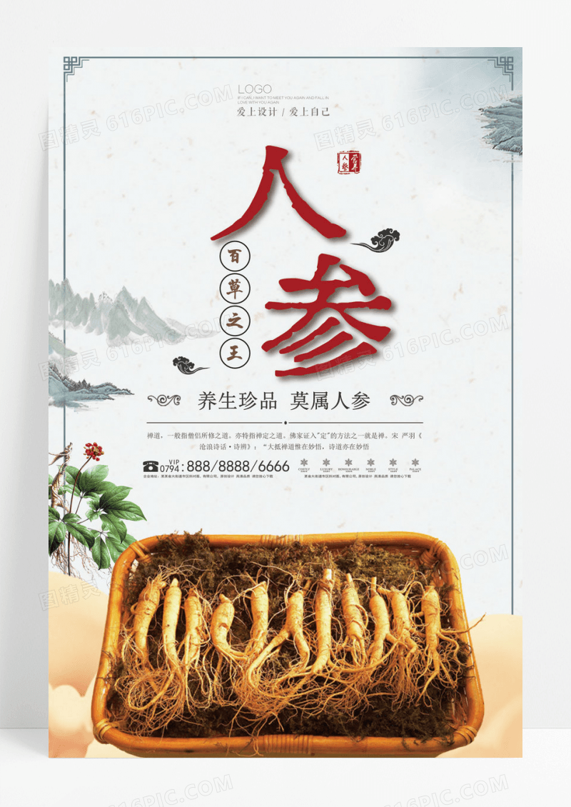 中国风简洁养生品人参海报