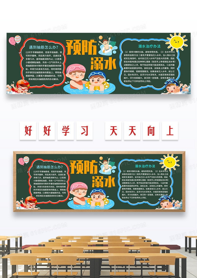 绿色卡通预防溺水黑板报