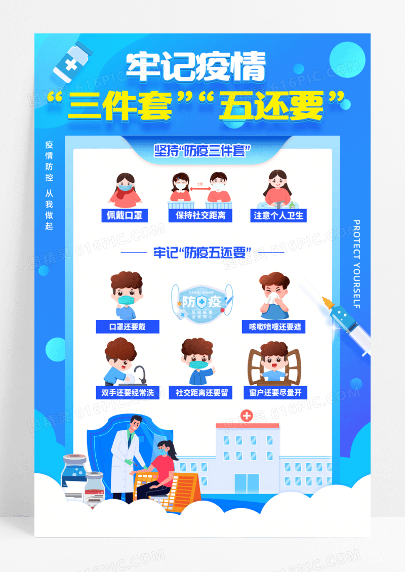 蓝色简约卡通疫情防疫三件套五还要公益海报
