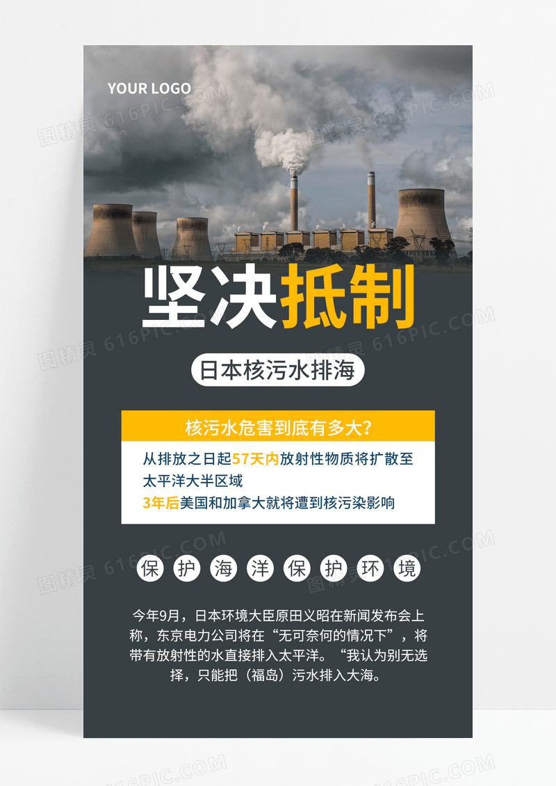 创意深色坚决抵制日本核污水排海抗议宣传手机海报