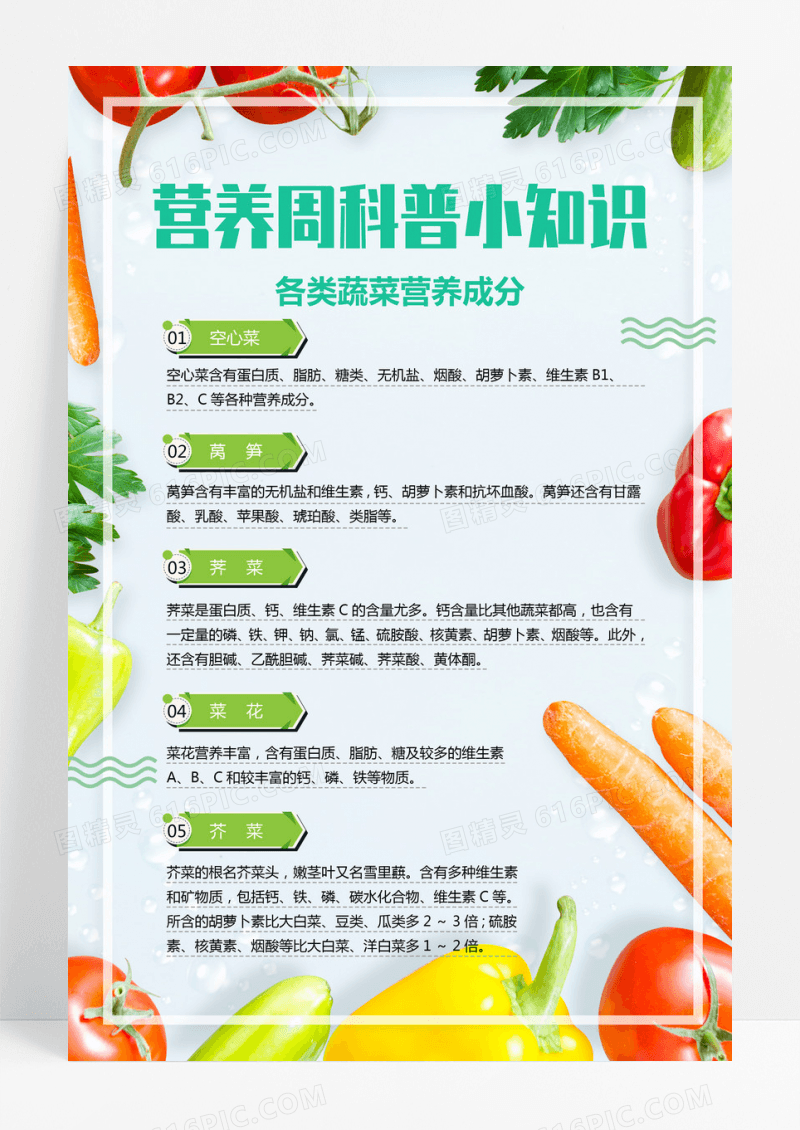 绿色清新卡通蔬菜营养科普小知识营养成分表海报