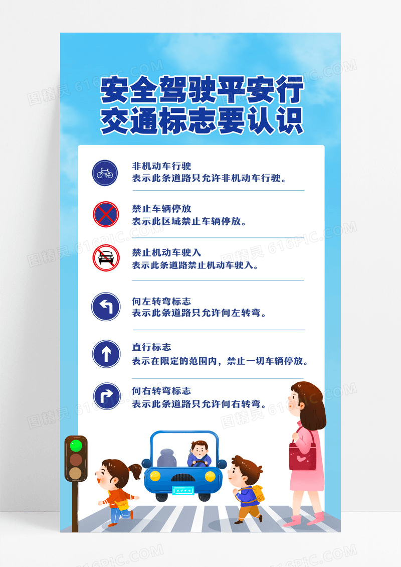 蓝色安全驾驶平安行交通标志要认识ui手机文案海报交通安全手机安全海报