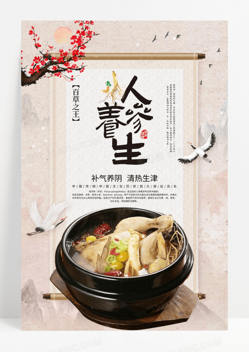 中国风卷轴人参保健养生海报