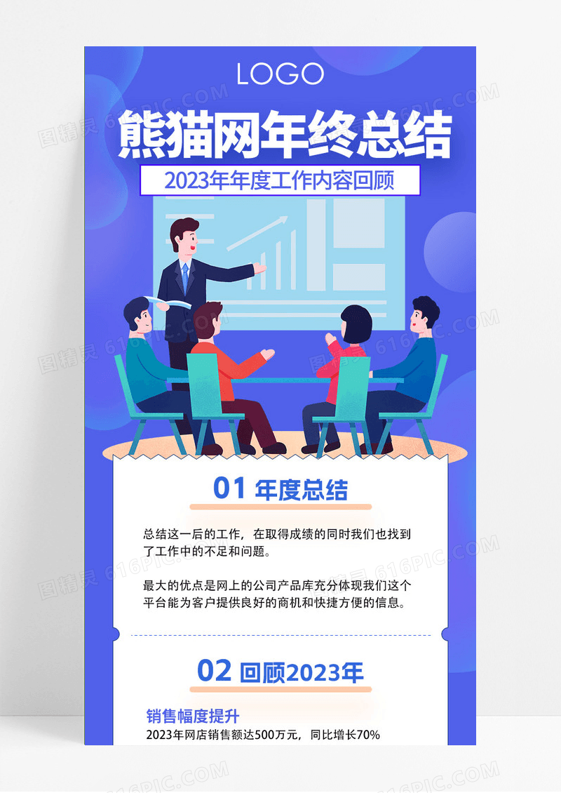 蓝色卡通简约年终总结2023年度工作内容回顾手机长图年终总结工作总结