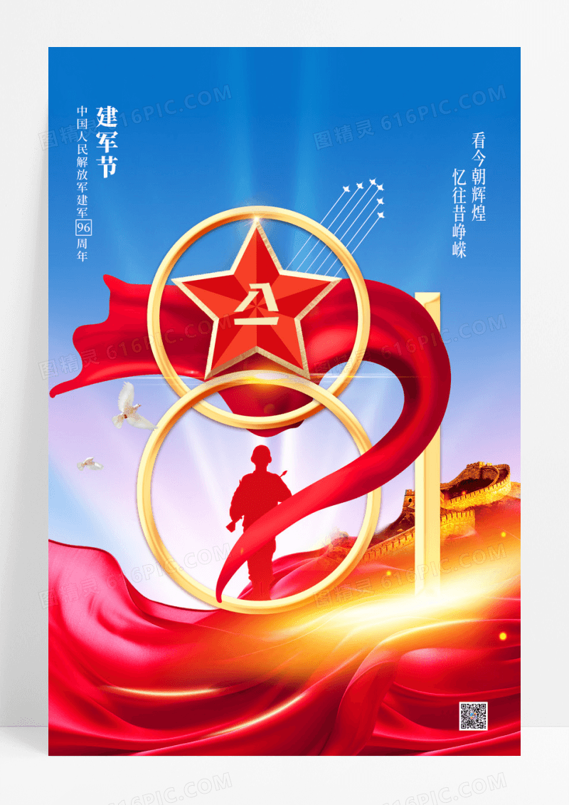 蓝天五星军人八一建军节96周年海报