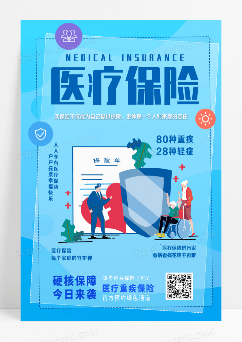 蓝色扁平简约医疗保险公益宣传海报设计