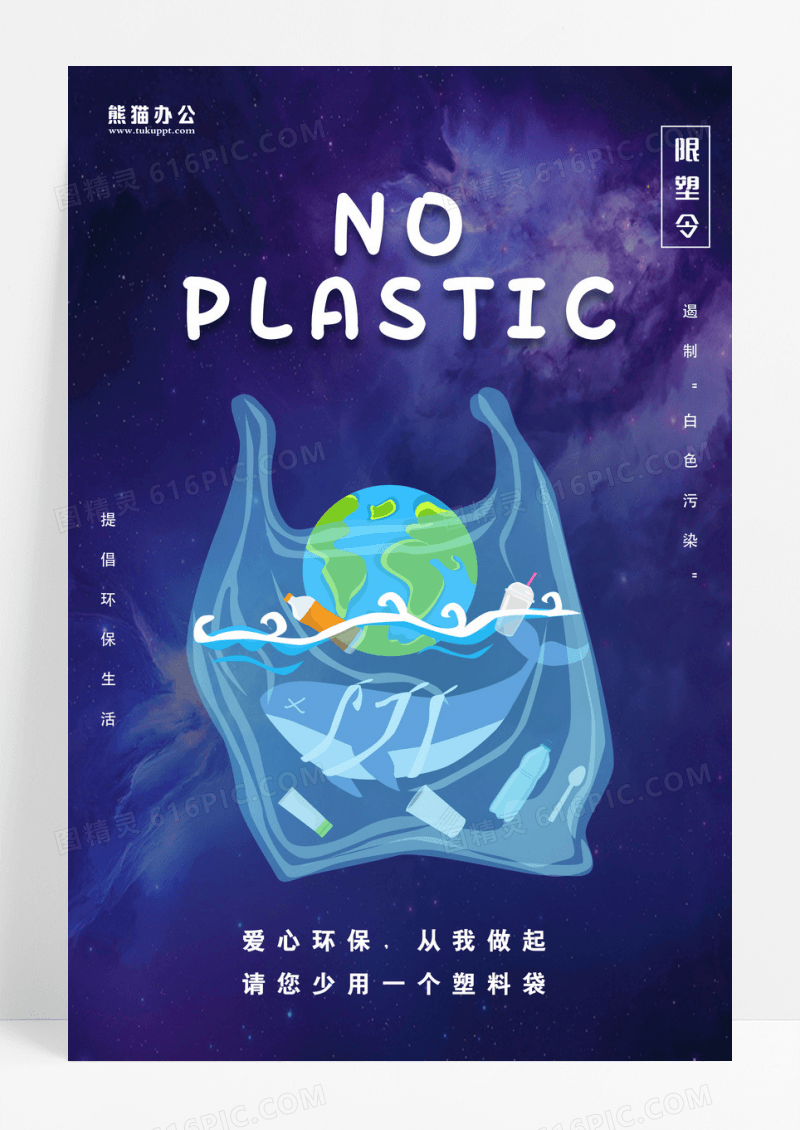 蓝色创意限塑限塑令海报