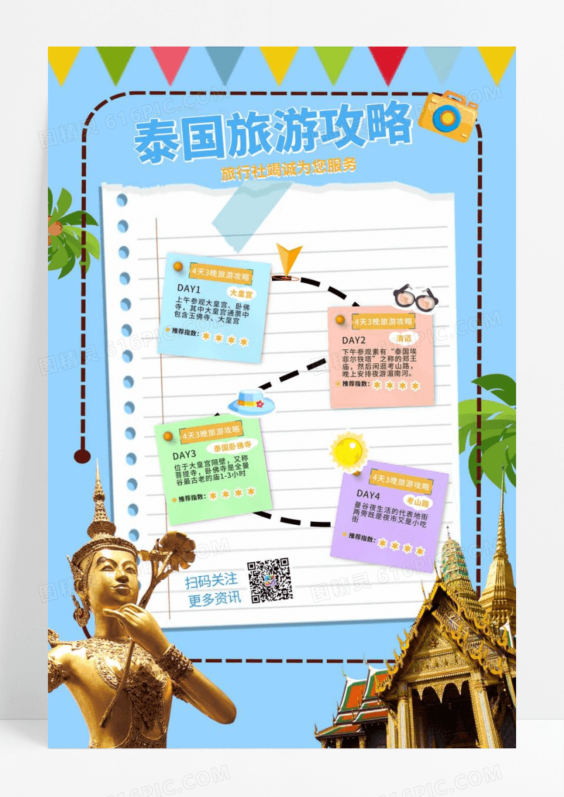 蓝色卡通泰国旅游攻略海报