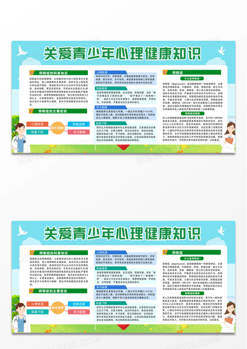 绿色蓝天白云关爱青少年心理健康知识科普展板设计