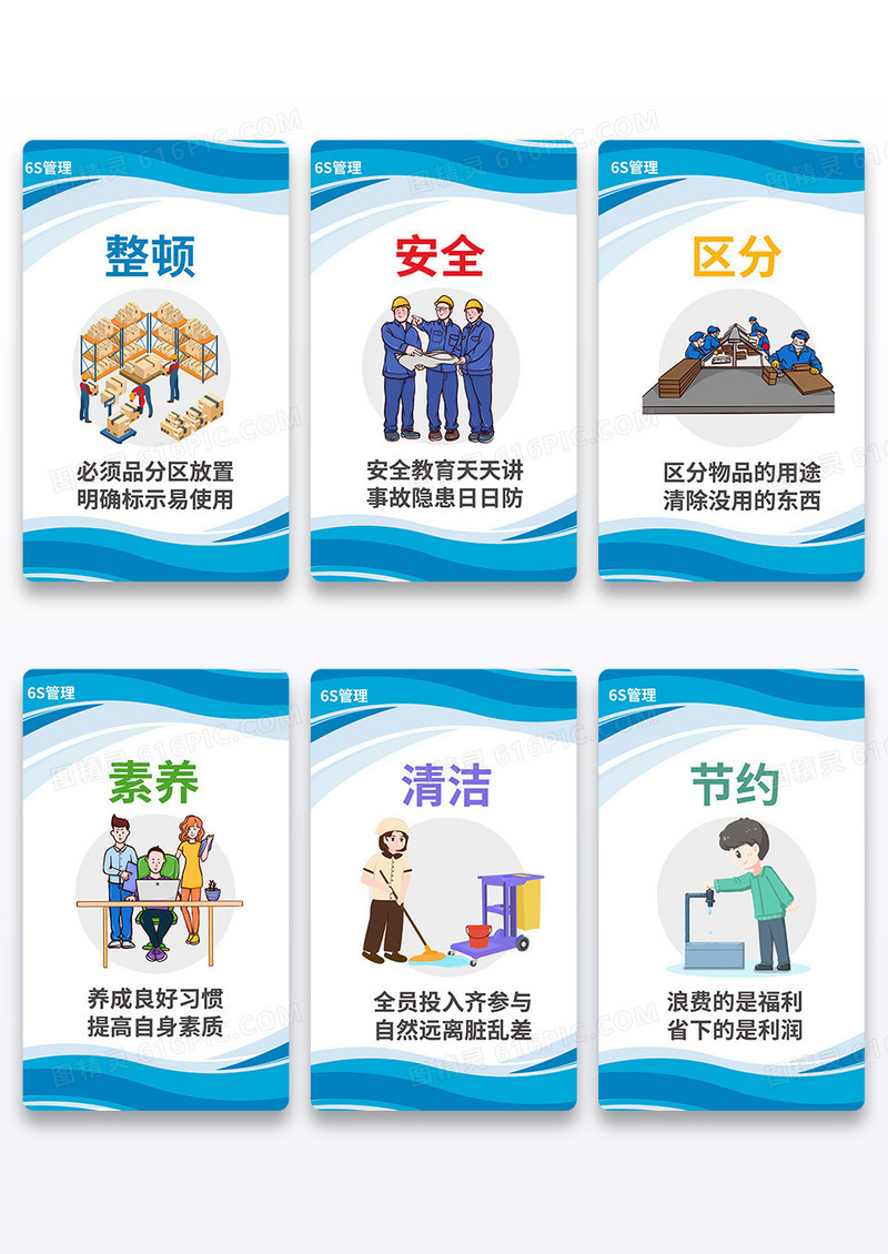 蓝色简约卡通风格企业6S管理制度宣传展板五项管理海报组图