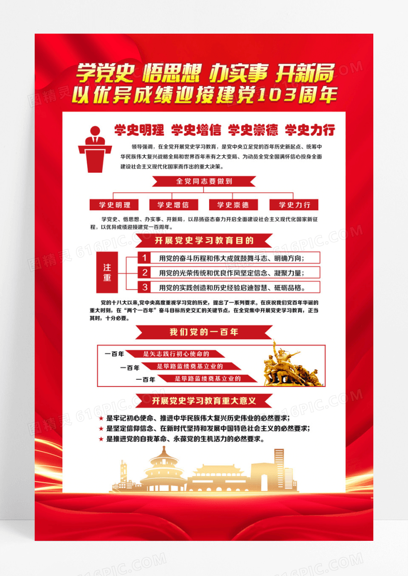 红色简约党史学习教育学党史悟思想办实事开新局党建海报设计
