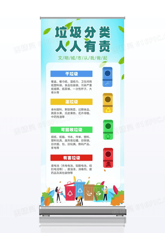 卡通垃圾分类垃圾分类从我做起海报垃圾分类易拉宝X展架