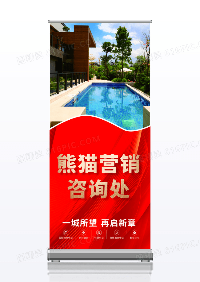 红色地产熊猫营销疚处展架 易拉宝