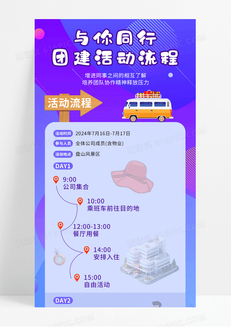 蓝紫渐变卡通活动流程图手机长图