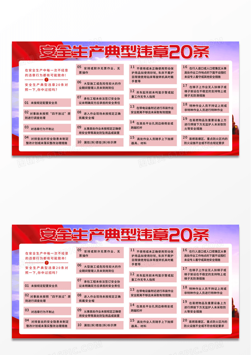 红色简约安全生产典型违章二十条安全违章展板宣传