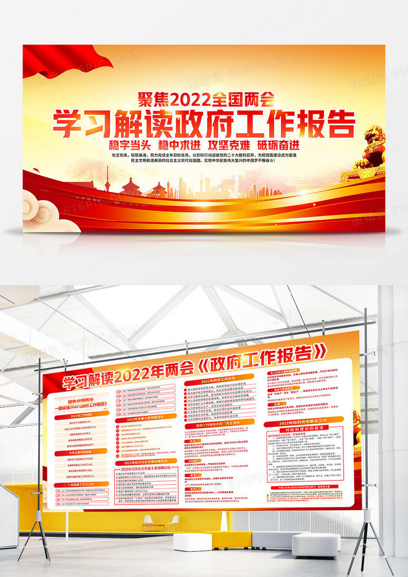 黄色风格学习解读政府工作报告宣传栏2022全国两会