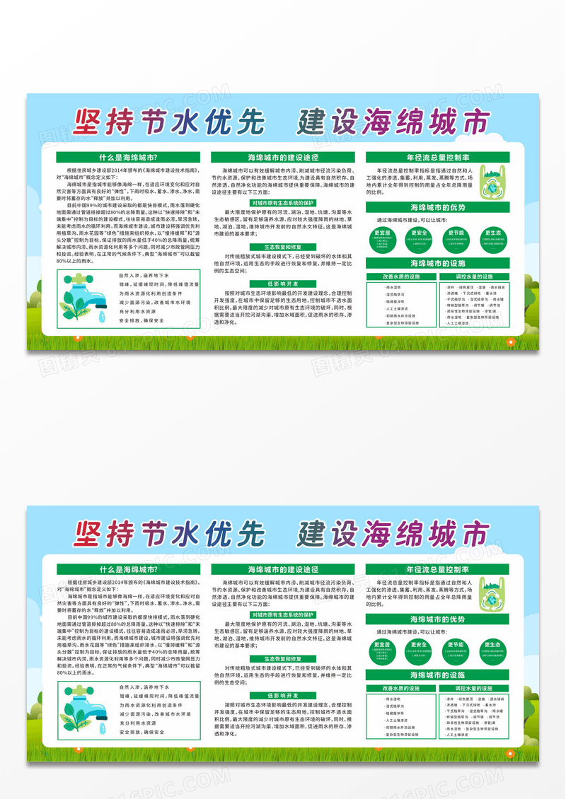 绿色卡通坚持节水优先建设海绵城市宣传栏设计