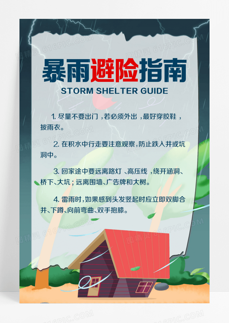 蓝色简约卡通暴雨避险指南宣传海报设计