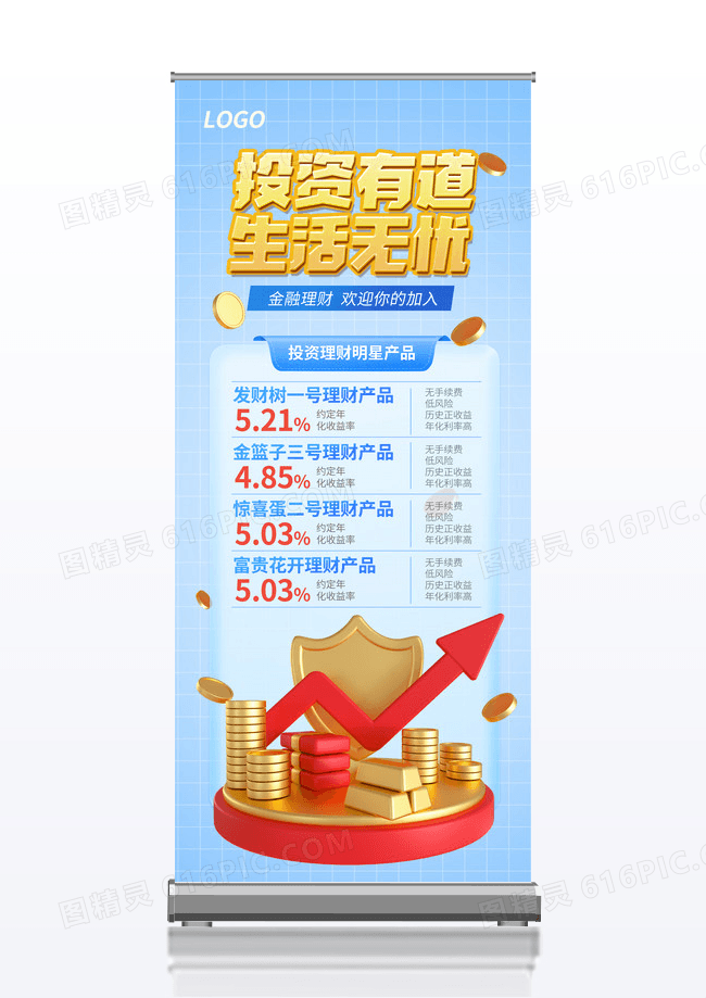 金色蓝色高级高端清新投资金融理财产品展架