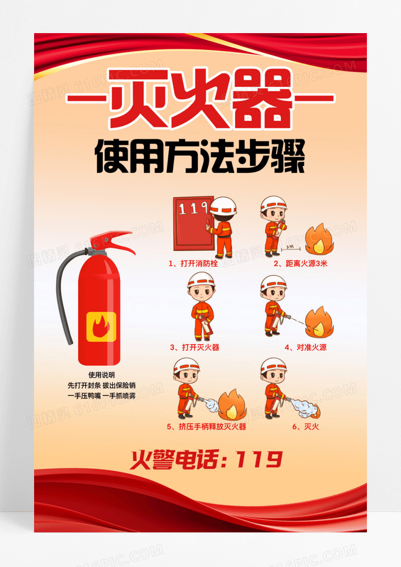 灭火器使用步骤科普知识海报设计