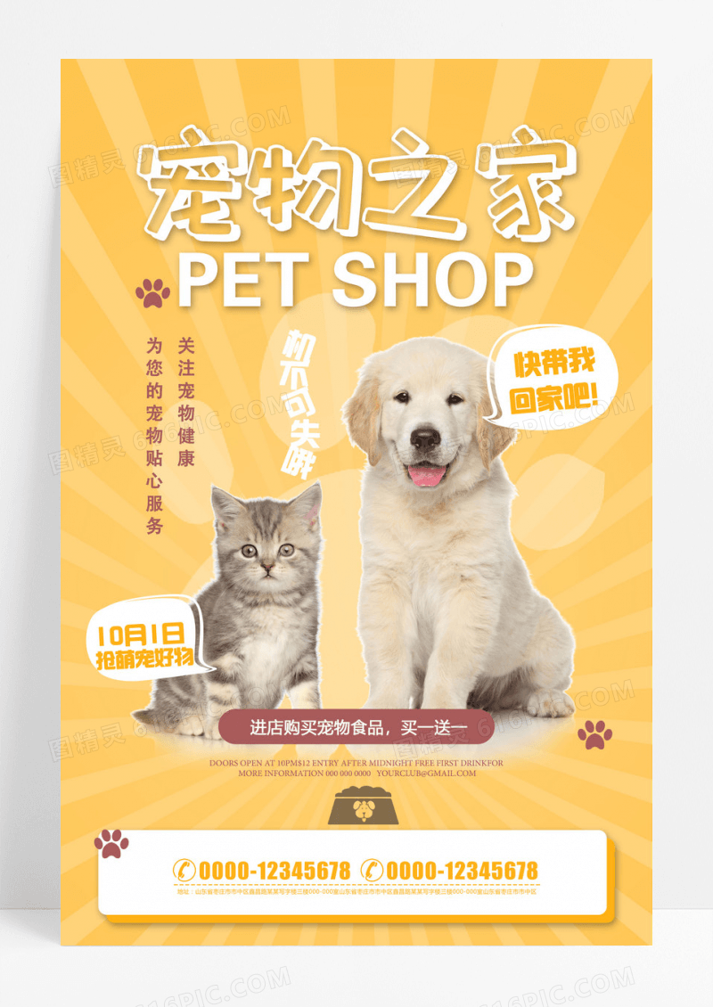 黄色卡通萌宠乐园宠物促销海报设计